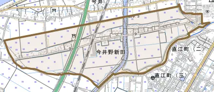 今井野新田とその周辺の地図。町の範囲を重ねている
