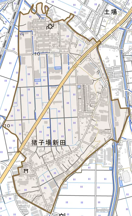猪子場新田とその周辺の地図。町の範囲を重ねている