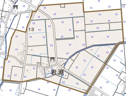 岩淵とその周辺の地図。町の範囲を重ねている
