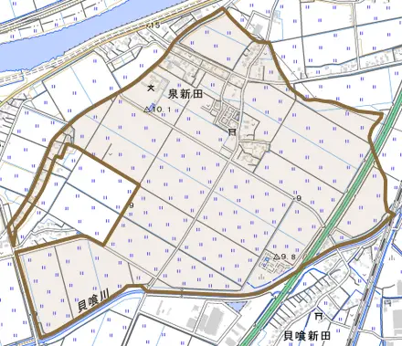 泉新田とその周辺の地図。町の範囲を重ねている
