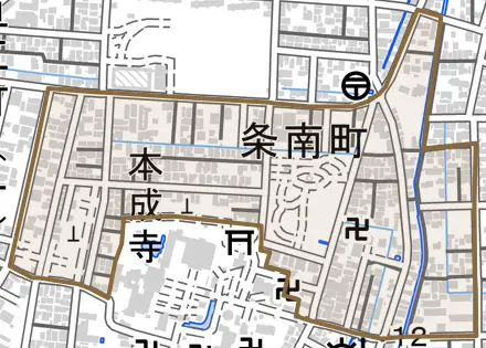 条南町とその周辺の地図。町の範囲を重ねている