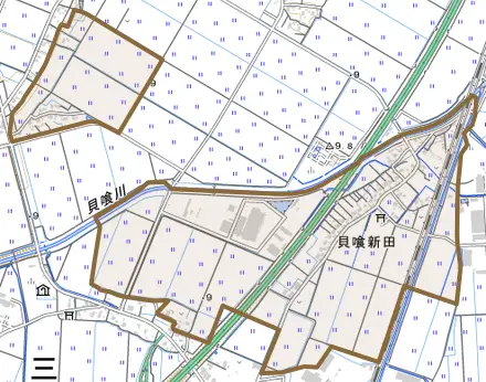 貝喰新田とその周辺の地図。町の範囲を重ねている