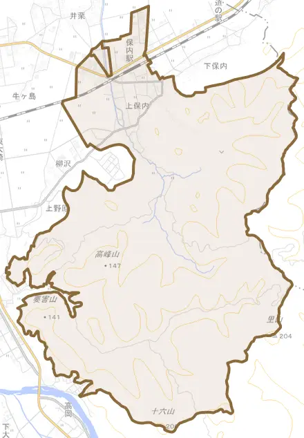 上保内とその周辺の地図。町の範囲を重ねている
