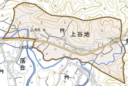 上谷地とその周辺の地図。町の範囲を重ねている