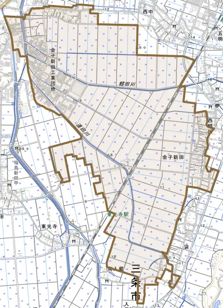 金子新田とその周辺の地図。町の範囲を重ねている