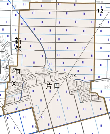 片口とその周辺の地図。町の範囲を重ねている