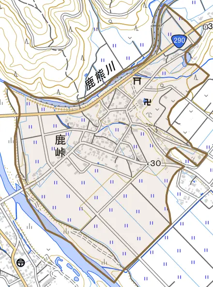 鹿峠とその周辺の地図。町の範囲を重ねている