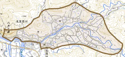 北五百川とその周辺の地図。町の範囲を重ねている