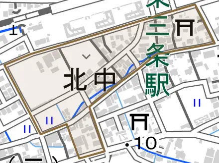 北中とその周辺の地図。町の範囲を重ねている