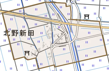 北野新田とその周辺の地図。町の範囲を重ねている