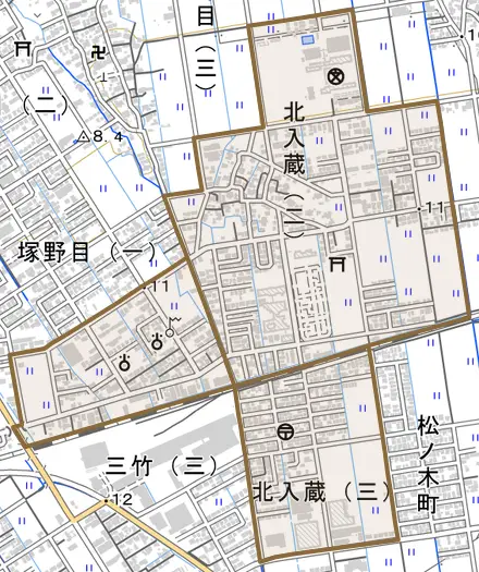 北入蔵とその周辺の地図。町の範囲を重ねている