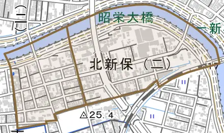 北新保とその周辺の地図。町の範囲を重ねている