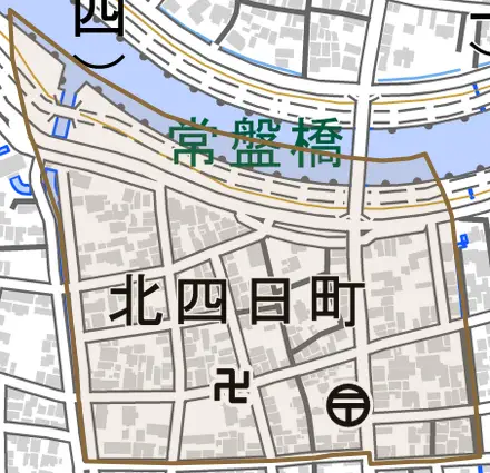 北四日町とその周辺の地図。町の範囲を重ねている