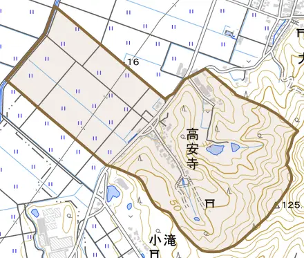 高安寺とその周辺の地図。町の範囲を重ねている