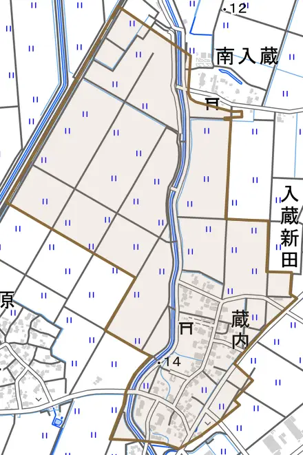 蔵内とその周辺の地図。町の範囲を重ねている