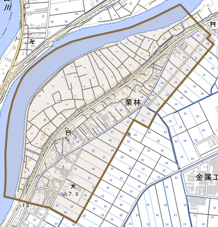 栗林とその周辺の地図。町の範囲を重ねている