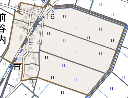 前谷内とその周辺の地図。町の範囲を重ねている
