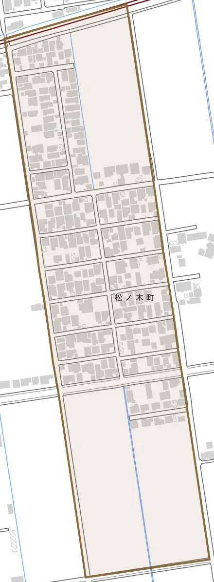 松ノ木町とその周辺の地図。町の範囲を重ねている