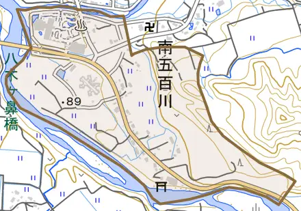 南五百川とその周辺の地図。町の範囲を重ねている