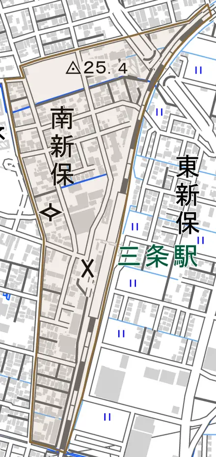 南新保とその周辺の地図。町の範囲を重ねている