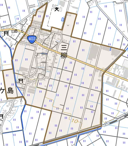 三柳とその周辺の地図。町の範囲を重ねている