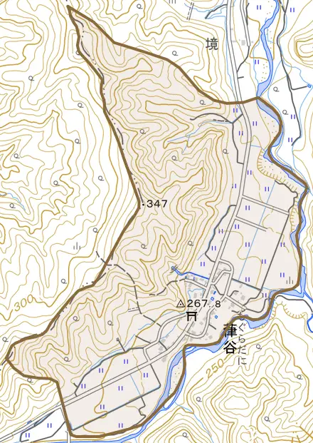 葎谷とその周辺の地図。町の範囲を重ねている