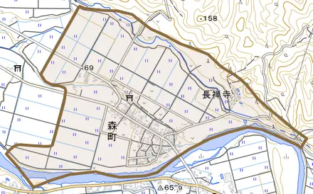 森町とその周辺の地図。町の範囲を重ねている