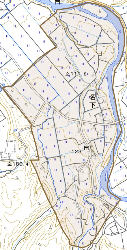 名下とその周辺の地図。町の範囲を重ねている