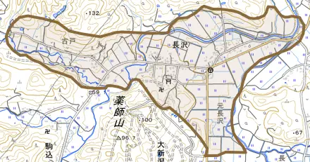 長沢とその周辺の地図。町の範囲を重ねている