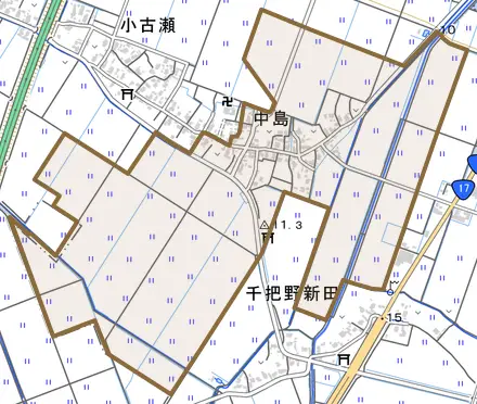 中島とその周辺の地図。町の範囲を重ねている
