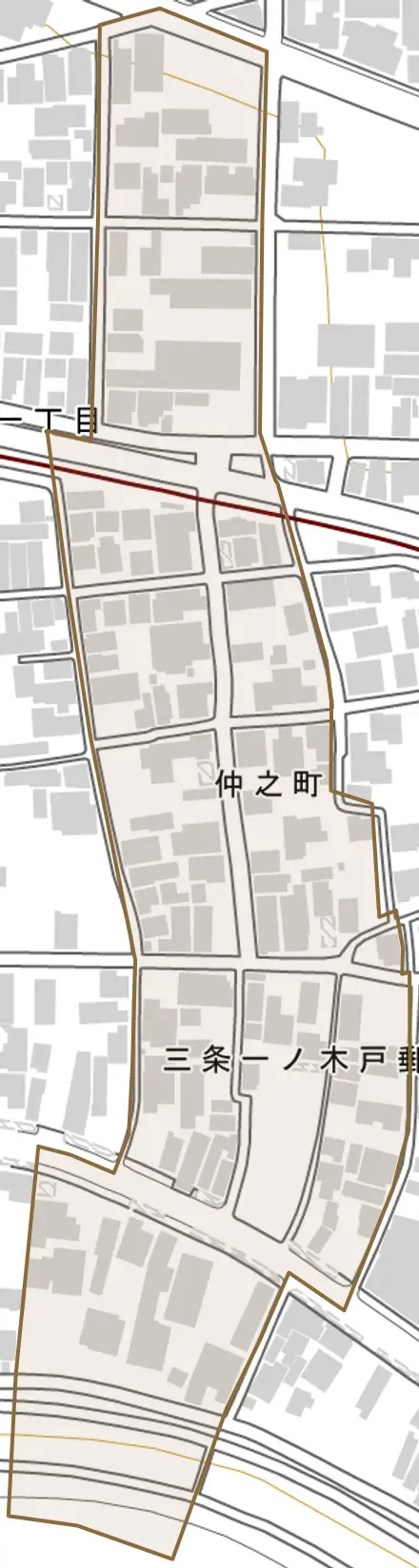 仲之町とその周辺の地図。町の範囲を重ねている
