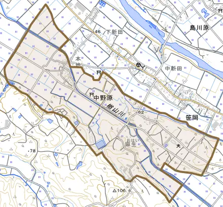 中野原とその周辺の地図。町の範囲を重ねている