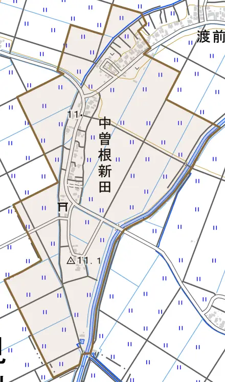 中曽根新田とその周辺の地図。町の範囲を重ねている