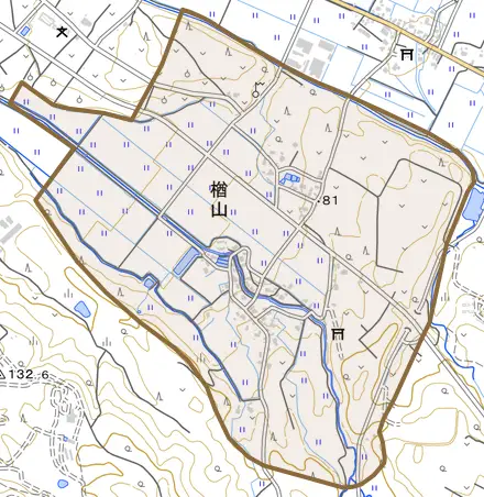 楢山とその周辺の地図。町の範囲を重ねている