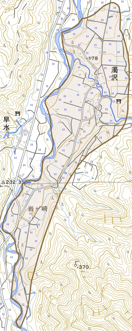 濁沢とその周辺の地図。町の範囲を重ねている