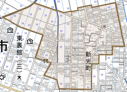 新光町とその周辺の地図。町の範囲を重ねている