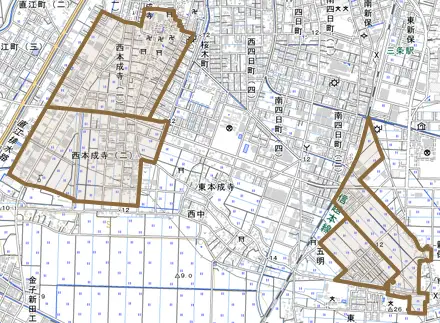 西本成寺とその周辺の地図。町の範囲を重ねている