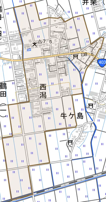 西潟とその周辺の地図。町の範囲を重ねている