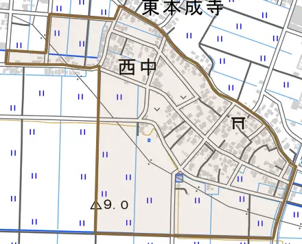 西中とその周辺の地図。町の範囲を重ねている