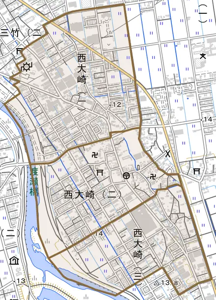 西大崎とその周辺の地図。町の範囲を重ねている