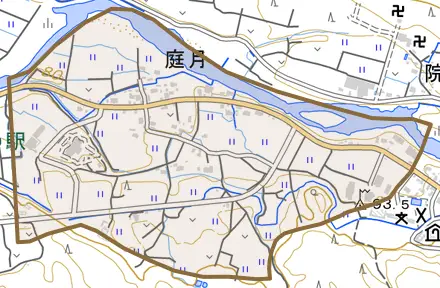 庭月とその周辺の地図。町の範囲を重ねている