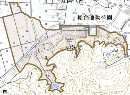 如法寺とその周辺の地図。町の範囲を重ねている