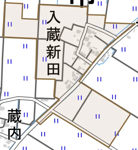 入蔵新田とその周辺の地図。町の範囲を重ねている