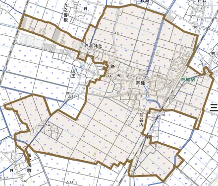 帯織とその周辺の地図。町の範囲を重ねている