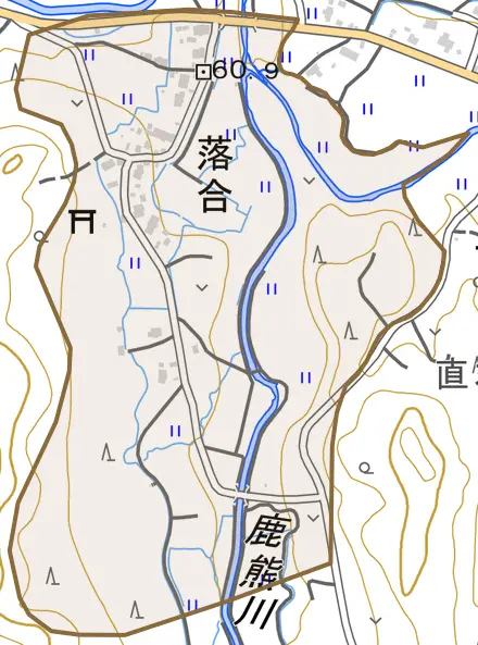 落合とその周辺の地図。町の範囲を重ねている