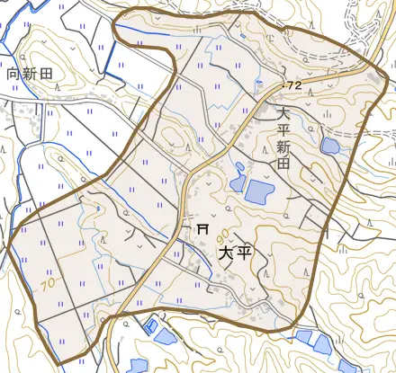 大平とその周辺の地図。町の範囲を重ねている