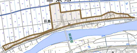 荻島とその周辺の地図。町の範囲を重ねている