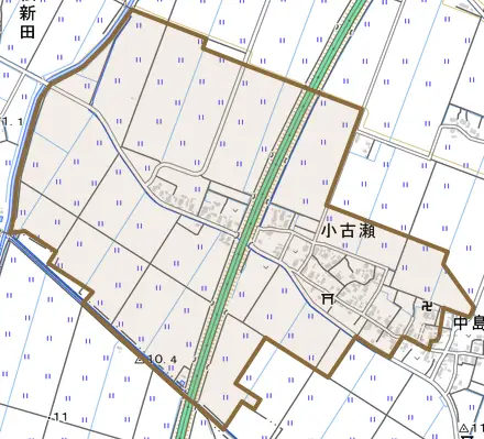 小古瀬とその周辺の地図。町の範囲を重ねている