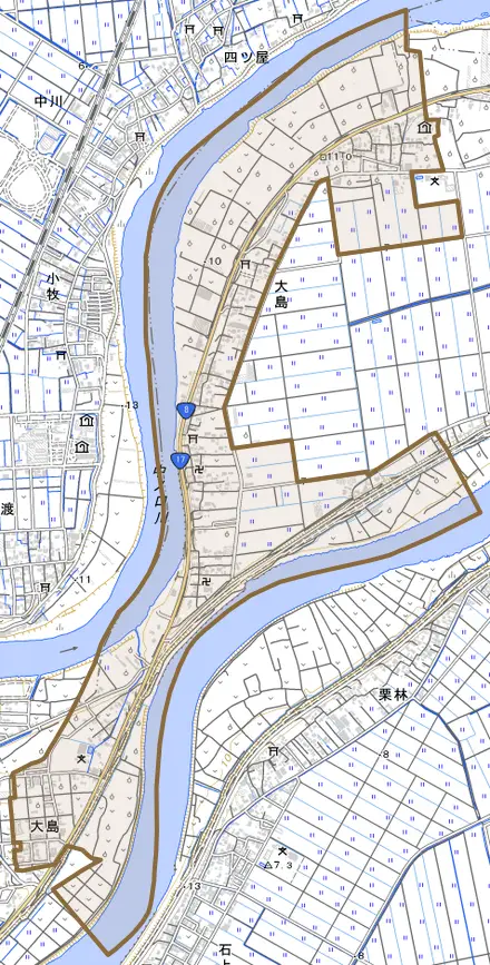大島とその周辺の地図。町の範囲を重ねている