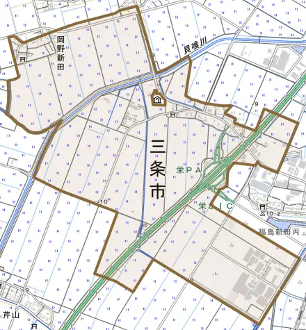 岡野新田とその周辺の地図。町の範囲を重ねている